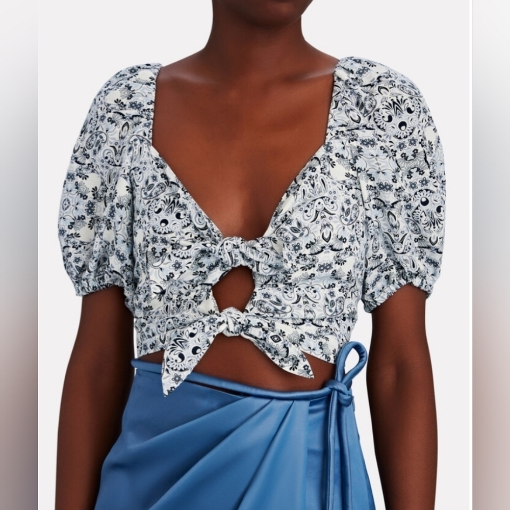 INTERMIX Janella Knotted Linen-blend Crop Top